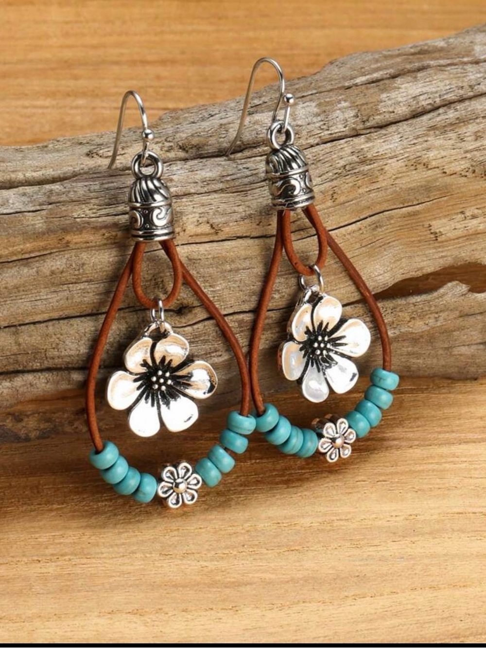 Boho Silver Floral Charm & Turquoise Bead Teardrop Leather Dangle Earrings